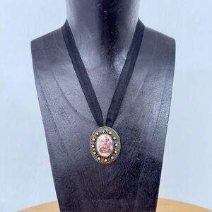 Vintage 1960s Coquette Seed Pearl Porcelain Floral Cameo Pendant Ribbon Necklace
